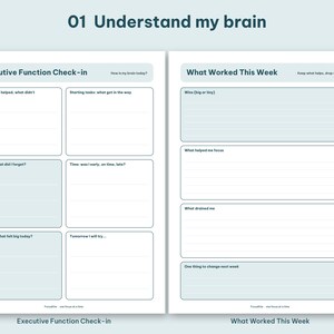 Understand my brain section grid showing executive function check in and what worked this week.