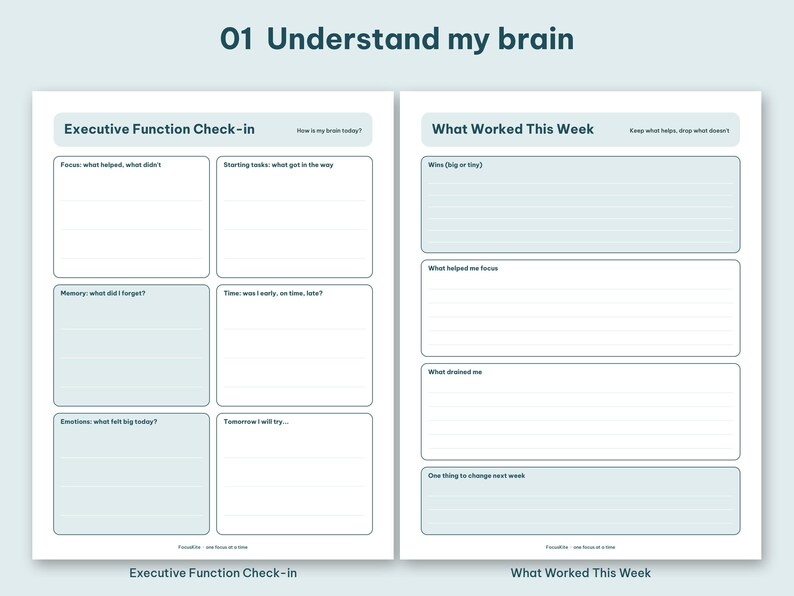 Understand my brain section grid showing executive function check in and what worked this week.