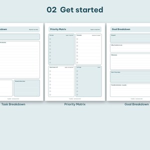 Get started section layout featuring task breakdown, priority matrix, and goal breakdown worksheets.