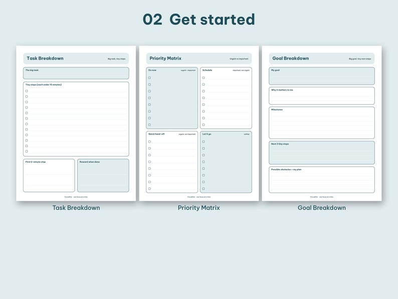 Get started section layout featuring task breakdown, priority matrix, and goal breakdown worksheets.