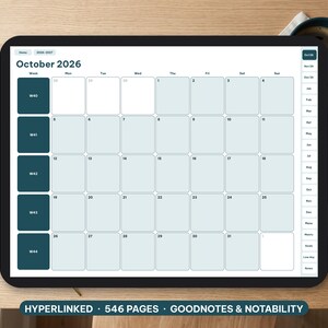 May include: A digital tablet displaying a monthly calendar for October 2026 with a grid layout, week numbers in dark teal boxes, and a sidebar navigation menu. The screen includes the text HYPERLINKED 546 PAGES GOODNOTES & NOTABILITY.