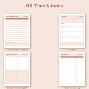 Time and Focus section pages including Time Estimate vs Actual, Focus Sprint, and Parking Lot.