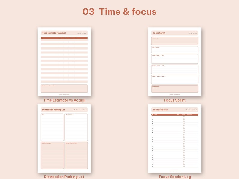 Time and Focus section pages including Time Estimate vs Actual, Focus Sprint, and Parking Lot.