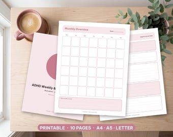 May include: A set of printable planner pages in blush pink and white. The pages include a Monthly Overview calendar grid, a weekly planner titled ADHD Weekly & Daily, and a goal tracking sheet with lined sections for notes and tasks.