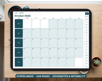 以下が含まれることがあります： 2026年10月の月間カレンダーを表示するデジタルタブレット。グリッドレイアウト、ダークティール色のボックスに入った週番号、サイドバーナビゲーションメニューが特徴。画面には「October 2026, Hyperlinked, 546 Pages, Goodnotes & Notability」というテキストが表示されている。