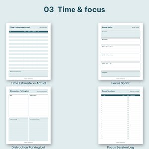 Time and focus section grid with focus sprint, time estimate sheet, and distraction parking lot.