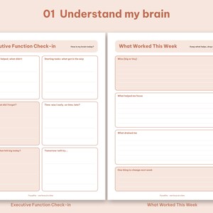 Understand My Brain section pages featuring the Executive Function Check-in and reflection logs.