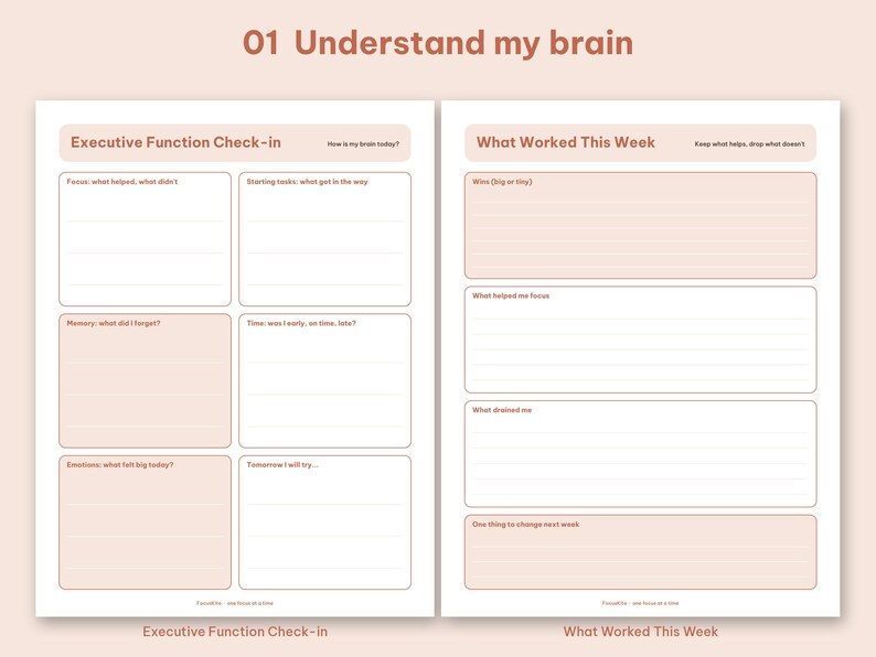 Understand My Brain section pages featuring the Executive Function Check-in and reflection logs.