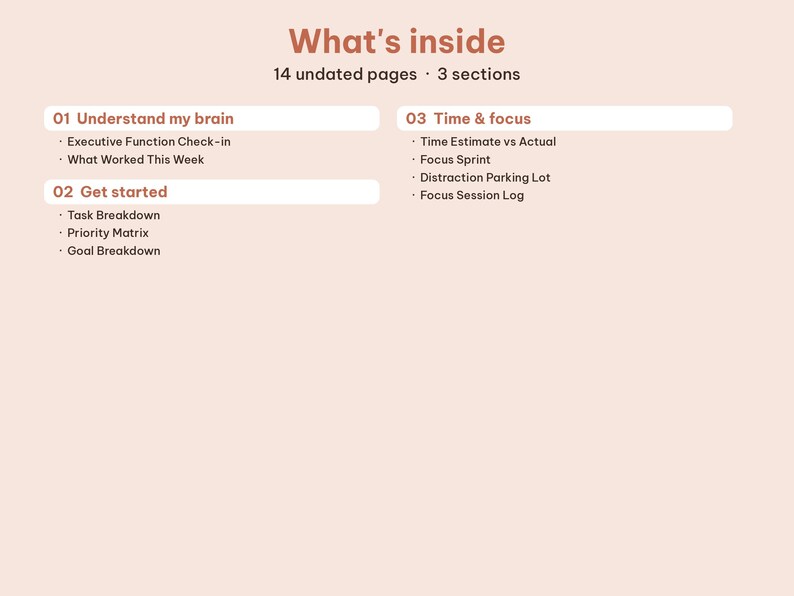 Overview page showing the table of contents across all three sections of the workbook.