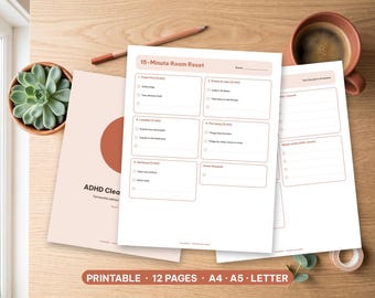 May include: A set of printable ADHD cleaning planner pages with a terracotta color scheme. The sheets feature a 15-Minute Room Reset checklist with tasks like trash, dishes, laundry, and surfaces, alongside a cover page and additional sorting lists.