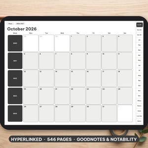 May include: A digital tablet displaying a monthly calendar for October 2026 with a grid layout, week numbers in dark gray boxes, and a sidebar navigation menu. The screen includes the text Hyperlinked, 546 pages, Goodnotes & Notability.