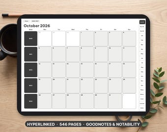 以下が含まれることがあります： 2026年10月の月間カレンダーを表示するデジタルタブレット。グリッドレイアウト、ダークグレーのボックスに入った週番号、サイドバーナビゲーションメニューが特徴です。画面には「Hyperlinked, 546 pages, Goodnotes & Notability」というテキストが含まれています。