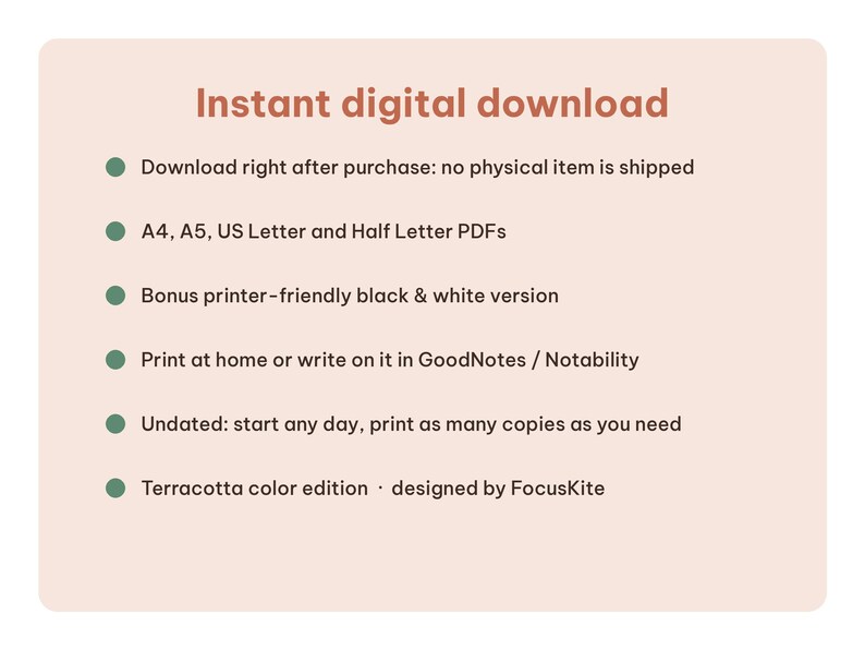 Information card explaining instant digital download access and tablet app compatibility.