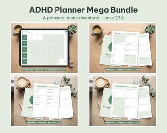 以下が含まれることがあります： ADHD Planner Mega Bundleは、4種類のデジタルおよび印刷可能なプランナーセットです。ハイパーリンク付きのタブレットカレンダー、デイリーフォーカスシート、ブレインダンプページ、エグゼクティブ機能チェックインが含まれており、セージグリーンのアクセントと白いレイアウトが特徴です。