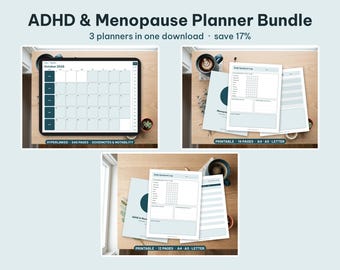 以下が含まれることがあります： ADHD & Menopause Planner Bundle。月間カレンダーを表示したデジタルタブレットと、日々の症状ログが記載された印刷済みページ。ハイパーリンク付きデジタルファイルと、A4、A5、レターサイズの印刷用ドキュメントが含まれています。