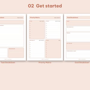 Get Started section worksheets including Task Breakdown, Priority Matrix, and Goal Breakdown.