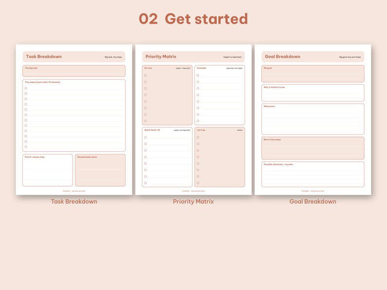Get Started section worksheets including Task Breakdown, Priority Matrix, and Goal Breakdown.