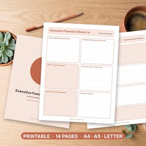 May include: A set of printable Executive Function Check-in planner pages with terracotta accents. The sheets feature sections for focus, starting tasks, memory, time, emotions, and tomorrow's goals, with text headers and lined writing areas.