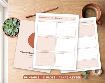 May include: A set of printable Executive Function Check-in planner pages with terracotta accents. The sheets feature sections for focus, starting tasks, memory, time, emotions, and tomorrow's goals, with text headers and lined writing areas.