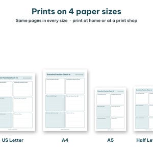 Graphic showing the worksheets available in A4, A5, US Letter, and Half Letter paper sizes.