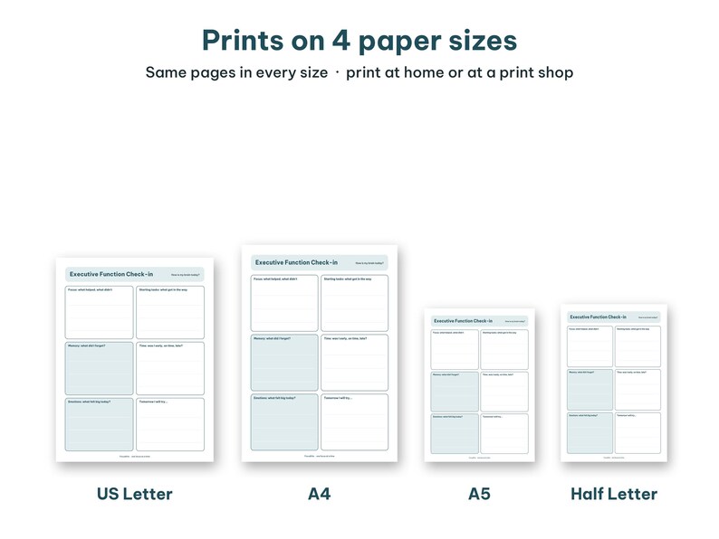 Graphic showing the worksheets available in A4, A5, US Letter, and Half Letter paper sizes.
