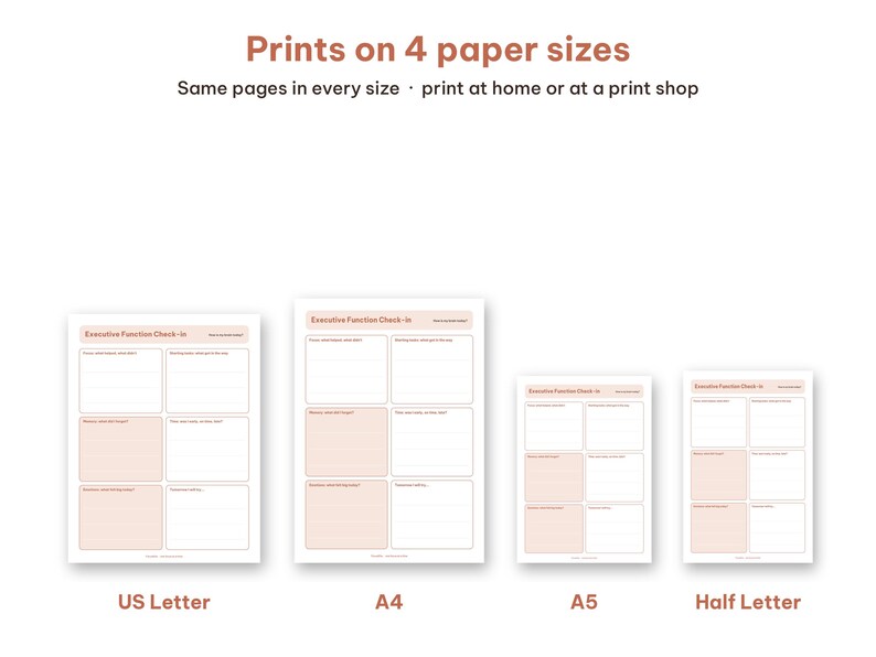 Graphic displaying the four available sizes: A4, A5, US Letter, and Half Letter PDFs.