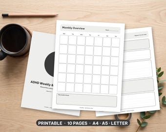 以下が含まれることがあります： Monthly Overviewカレンダーグリッド、ADHD Weekly & Dailyとラベル付けされた週間プランナーシート、および罫線付きセクションを備えた目標追跡ページを含む、印刷可能なプランナーページのセット。白、黒、グレーの配色です。