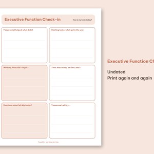 Close-up view of the Executive Function Check-in and Task Breakdown worksheet layouts.