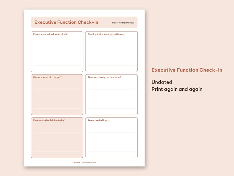 Close-up view of the Executive Function Check-in and Task Breakdown worksheet layouts.