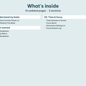 Table of contents page displaying all three sections of the executive function workbook.