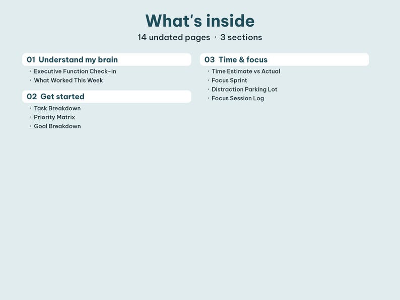 Table of contents page displaying all three sections of the executive function workbook.