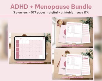 以下が含まれることがあります： ADHD + Menopauseバンドル。デジタルおよび印刷可能な577ページのプランナー3冊セット。2024年10月のカレンダーを表示したタブレット、ピンクと白の色調で印刷された症状ログとプランナーの表紙がデスク上に配置されています。