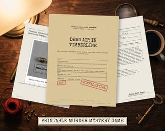 以下が含まれることがあります： Dead Air in Timberlineというタイトルの印刷可能な殺人ミステリーゲーム。Confidentialと1967の文字が入ったベージュのケースファイル、定規の横にある金属製の物体を示す証拠シート、タイプライターで打たれた警察の報告書が含まれています。