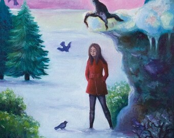 Original Ölgemälde von Frau im Winterwald mit Vögeln - 28x36 cm Surreale Kunst auf Leinwand