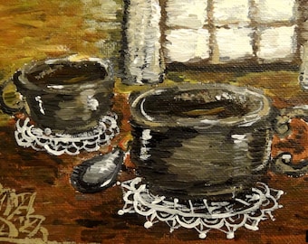 May include: An oil painting depicts two dark gray coffee cups filled with a dark liquid, resting on white doilies. A small spoon sits between them. The background features a window and a wooden table.