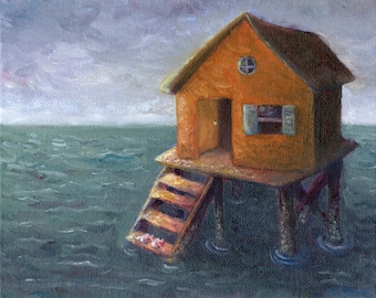 Oceans for Backyards - 8x10 PRINT on paper of original oil painting, beach and ocean art, surreal fantasy