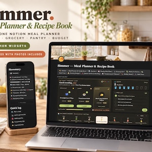 May include: A digital meal planner and recipe book displayed on a laptop and smartphone screen. The interface features dark mode with green accents, showing widgets for recipes, grocery lists, pantry tracking, and budget management tools.