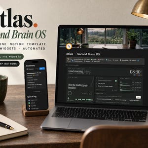 May include: A laptop and smartphone displaying the Atlas Second Brain OS Notion template. The screen shows a dark-themed dashboard with widgets, task lists, and the text Atlas Second Brain OS. The text includes All-in-one Notion template, PARA, widgets, automated, 6 interactive widgets, and 13 one-tap buttons.
