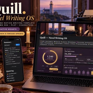 May include: A digital Notion template titled Quill Novel Writing OS displayed on a laptop and smartphone screen. The interface features dark themes, progress bars, word count trackers, and interactive widgets for managing novel writing projects.