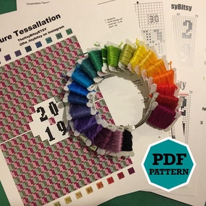 Puede incluir: Un patrón de punto de cruz para un diseño de teselación de temperatura con una tabla de colores y ovillos de hilo. El patrón incluye el texto "Temperature Tessallation by Theltsy Bitsy" y "Theltsy BitsyETSY the Itsybitsy on Instagram".