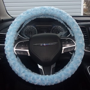 Made in USA Minky fuzzy soft light blue rosebud swirls steering wheel cover