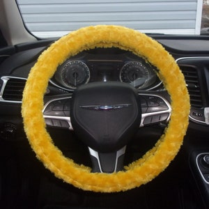 Made in USA Minky fuzzy soft bright yellow rosebud swirls steering wheel cover