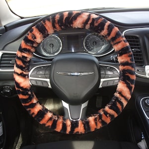 Made in USA Minky Fuzzy Furry Soft Cuddle Ginger Tigress Tiger Stripe Black and Orange Steering Wheel Cover