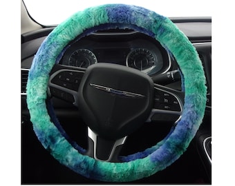 Made in USA Minky fuzzy Furry Minky Soft Tidal Wave Blues & Greens Tie Dye Steering Wheel Cover