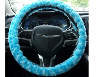 Made in USA Minky light turquoise blue rosebud swirls steering wheel cover