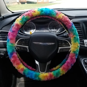 Made in USA Minky fuzzy soft Sorbet Rainbow tie dye rosebud swirls steering wheel cover