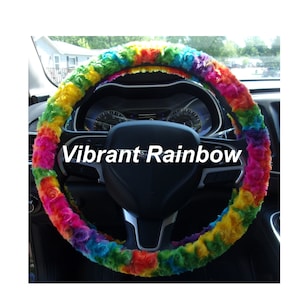 Made in USA Fuzzy soft bright Vibrant Rainbow tie dye rosebud swirls minky steering wheel cover