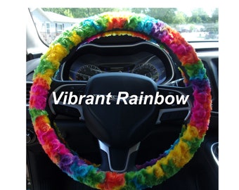 Fuzzy soft bright Vibrant Rainbow tie dye rosebud swirls minky steering wheel cover