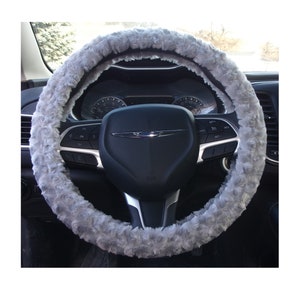 Made in USA Minky fuzzy soft silver rosebud swirls steering wheel cover