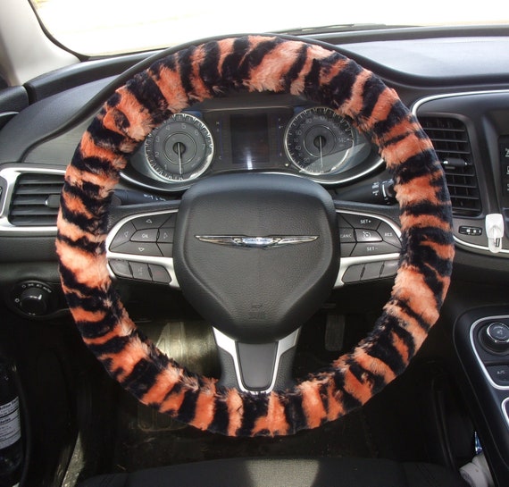 Made in USA Minky Fuzzy Furry Soft Cuddle Ginger Tigress Tiger Stripe Black and Orange Steering Wheel Cover